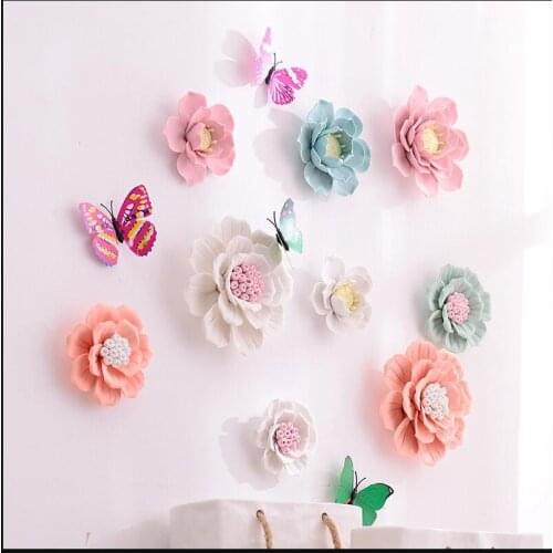 Modern Ceramic Fake Flower Wall Hanging Crafts Decoration Home Livingroom Wall Mural Ornaments Hotel Porch 3D Wall Sticker Art
