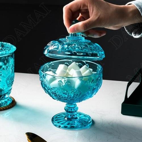 Retro Glass Storage Jar with Lid Relief Living Room Candy Jars Creativity Tall Feet Ice Cream Cup Bedroom Cosmetic Container