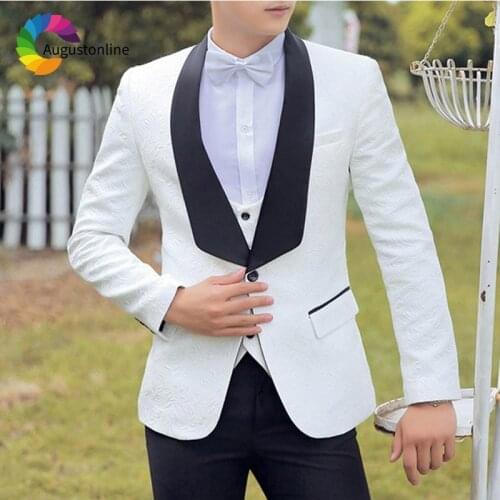 Vintage White Printed Men Suits Black Shawl Lapel Wedding Suits for Man Blazer Costume Homme 3Piece Pants Vest Groom Tuxedo