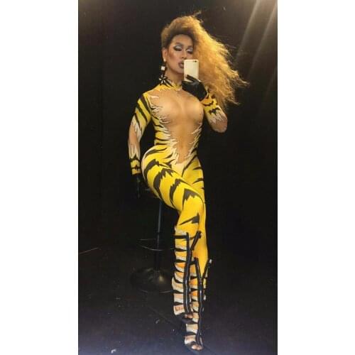 Yellow leotard Elastic jumpsuit Female Nightclub Pole dance DJ performance costume Tiger printing slim bodysuit stage show wears