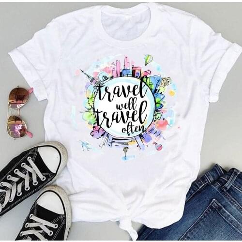 Women Cartoon Watercolor Trend Travel Holiday Short Sleeve Graphic Summer Fashion Print Female Clothes Tops Tees Tshirt T-Shirt