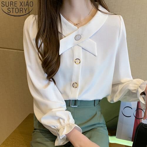 Office Lady Womens Tops and Blouses Blusas Mujer De Moda 2021 Autumn Bow White Chiffon Shirts Long Sleeve Cardigan Blusas 10687
