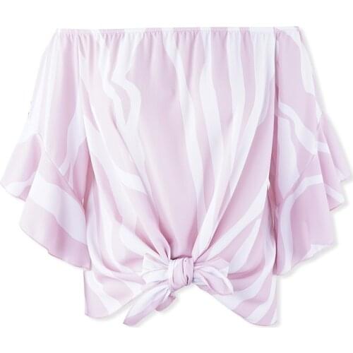 Summer Fashion Women Chiffon Shirt Blouse Slash Neck Off Shoulder Half Flare Sleeve Stripe Loose Blusas Tops Female Shirt