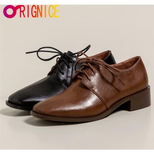 Orignice Concise Classic Women Cow Leather Pumps Round Toe Lace Up Low Thick Heels Casual Street Office Career Shoes Handmade
