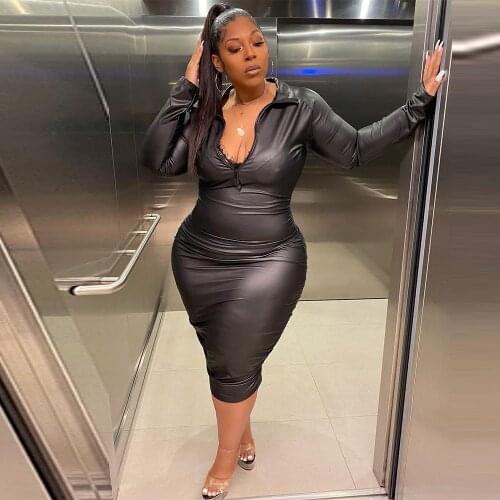 XL-4XL Plus Size PU Faux Leather Women Dress Black Turn Down Collar Long Sleeve Sheath Dresses Vintage Zipper Front Vestidos