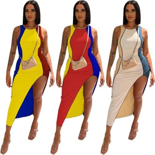 Women Summer Casual Long Dress White Blue Patchwork Sleeveless Irregular Dress Sexy High Split Bodycon Club Party Wear