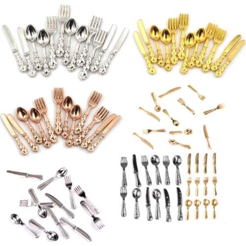 1:12 Vintage Dollhouse Miniatures Tableware Cutlery Metal Gold Silver Knife Fork Spoon Kitchen Food Furniture Toys
