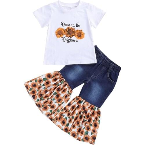 Kids Toddler Baby Kids Girls 2Pcs Clothes Sets Short Sleeve Sunflower T-shirts + Denim Flare Pants Suits