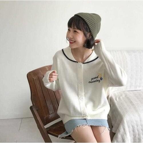 2021 Womens Casual Sweaters Kawaii Ulzzang Lapel Moon Embroidered Sweater Female Japanese Korean Kawaii Cute Clothing For Women