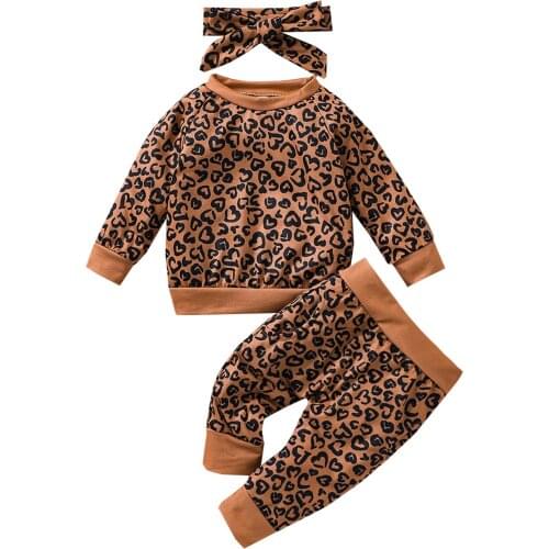 0-24M Newborn Baby Boy Girl Leopard Outfits Long Sleeve Pullover Tops Long Pant Headband 3PCS Baby Clothing Set