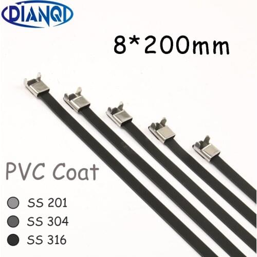 8*200 8mm 8x200 Stainless Steel Zip PVC coating Strong Stainless Steel Grade Metal Cable Ties Zip Tie Wraps