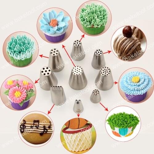 Free Shipping 9pcs Multi Holes/Grass Nozzles set with 10pcs 16"Plastic Pastry Bags