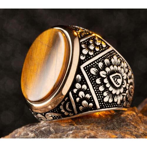 925 Sterling Silver Flat Brown TigerEye Stone Mens Ring Silver Ring for Men Exclusive Ring