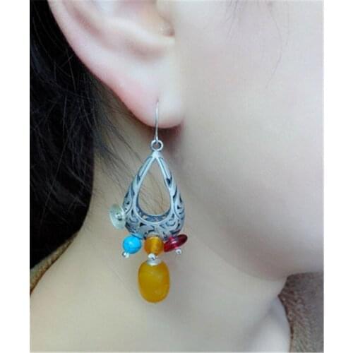 BESTLYBUY 925 sterling silver Thai silver yellow agates earrings exaggerated atmospheric fashion Bohemian earrings