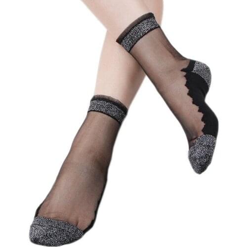 Glitter Mesh Women Socks Fashion Silk Female Short Socks Lace Shiny Harajuku Soft Ladies Funny Socks Transparent Elastic Hosiery
