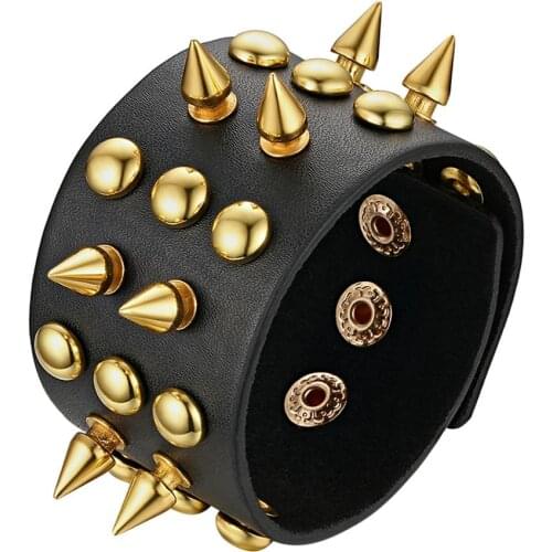BONISKISS 2020 New Arrival Punk Gothic Rock Cuspidal Spikes Rivet Cone Stud Wide Leather Cuff Bracelet Bangle men jewelry