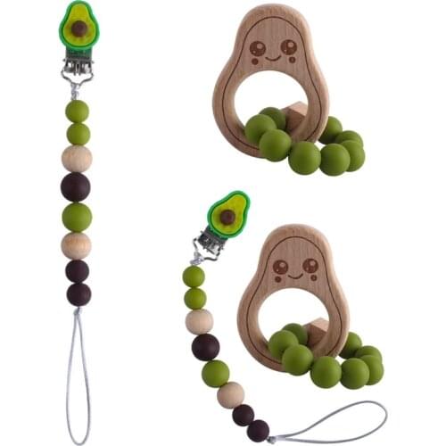 Baby Pacifier Chain Beech Wooden Avocado Bracelet Teether Nipple Dummy Clip Holder Infants BPA Free Silicone Beads Teething Soot