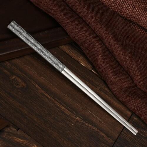 1 Pair Chinese FU Chopsticks Non-Slip Ag999 Sterling Silver Hand-Carving Chop Sticks Reusable Food Sticks Kitchen Tableware