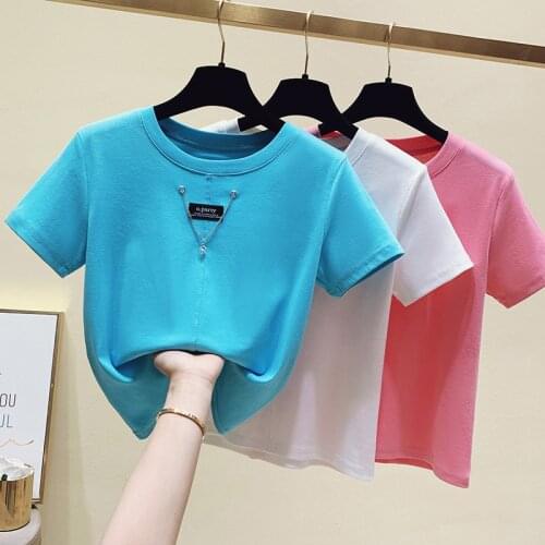 Crop Tops Tees T Shirt Women Clothes White Short Sleeve T-shirt Beading Applique Summer Short Tops Shirt Pink Cotton 2021