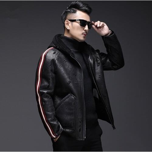 Fur one male genuine leather jacket sheep shearing fur coat men short hooded motorcycle leather jacket mens winter leather coat