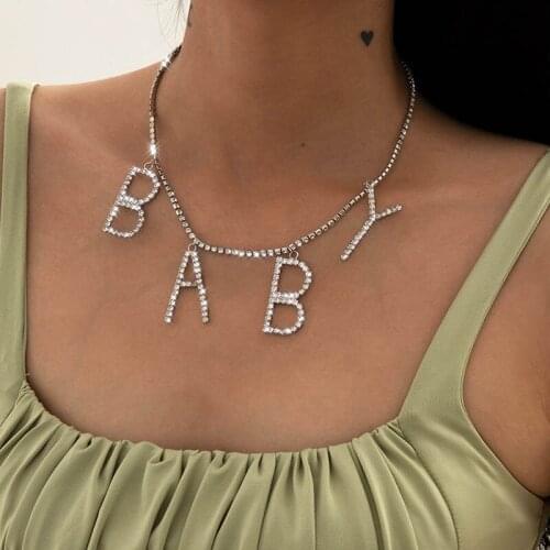 Fashion Temperament Rhinestone Letters BABY Pendant Necklace for Women Claw Chains Geometric Clavicle Necklaces Choker Jewelry