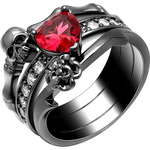 Gothic Skull Finger Black Gold Color wedding rings sets For Women Girl Red Heart CZ Rose Flower Trendy Jewelry Gift rings