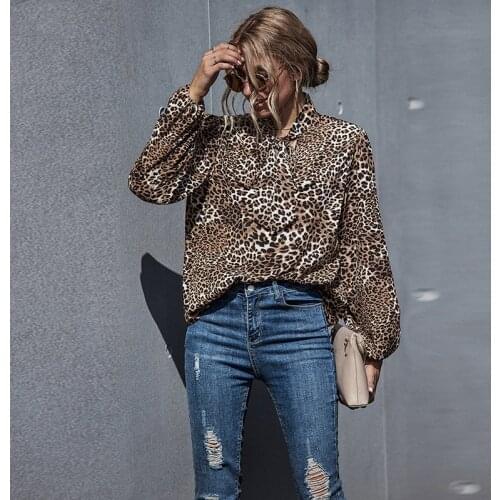 Sexy Leopard Print Woman Blouses Loose Casual Long-sleeved Lady Top Women Clothing Fashioin Plus Size Female O-neck