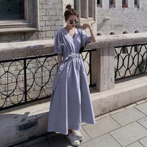 Womens dress fashion casual solid color waist temperament over the knee Korean style bellflower long dress summer khaki purple