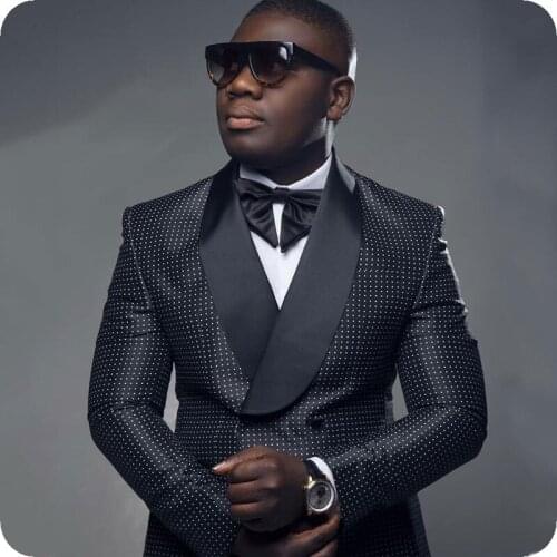 Hot Selling Groom Tuxedos Double Breasted Black Polka Dot Shawl Lapel Best Man Wedding Suits For Mens Blazer (Jacket+Pants+Bow)