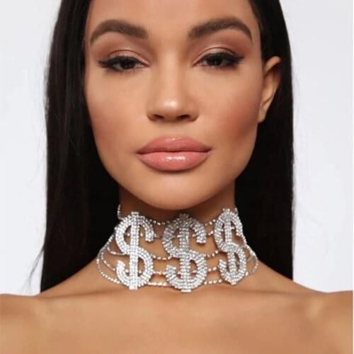 Letter Choker Necklace For Women Luxury Crystal Custom Big Money Dollar Shiny Rhinestone Collar Chain Jewelry Gift Nighclub