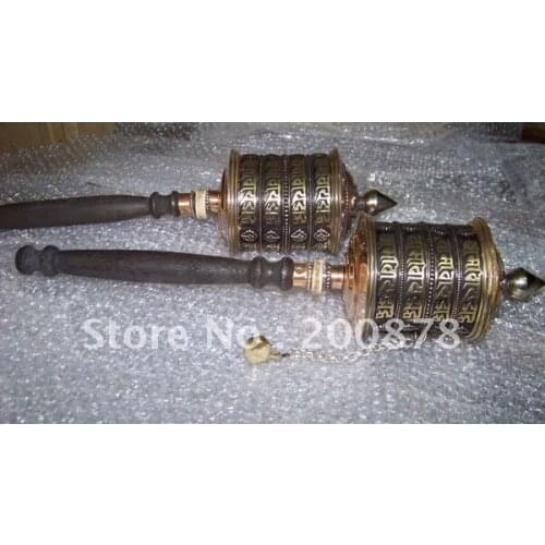 TBC828 Tibetan brass Prayer Mani Wheel,carved six words mantras,wooden handle,12'',Free shipping
