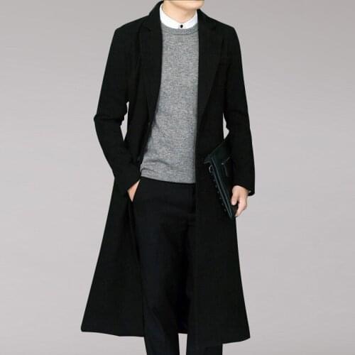High Quality Trench Coat Winter Woolen Coat Men Leisure Long Sections Pure Color Slim Fit Single Breasted Casual Overcoat