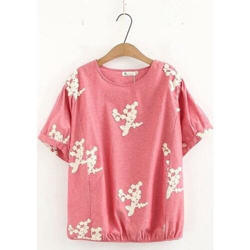 Plus Size Women t shirt Summer Full Cotton Embroidery Short Sleeve Shirts