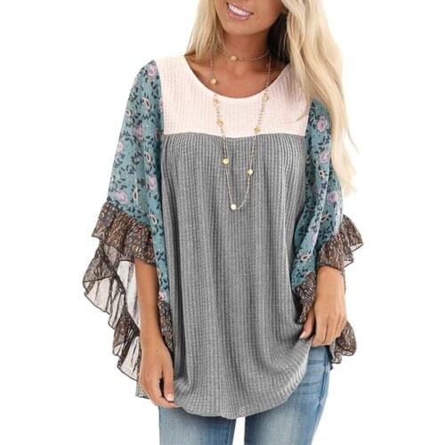 Floral Patchwork Printed Ethnic Style Woman T Shirt Three Quarter Sleeve Tee O Neck Butterfly Sleeve Casual Loose Streetwear Top