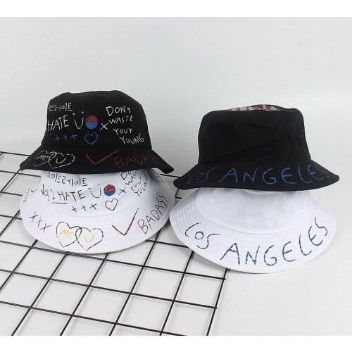 2021 New Graffiti Letter Womens Fisherman Hat Bucket Hat for Men Hip-hop Hat Outdoor Sunscreen Sun Protection Hat Unisex Panama