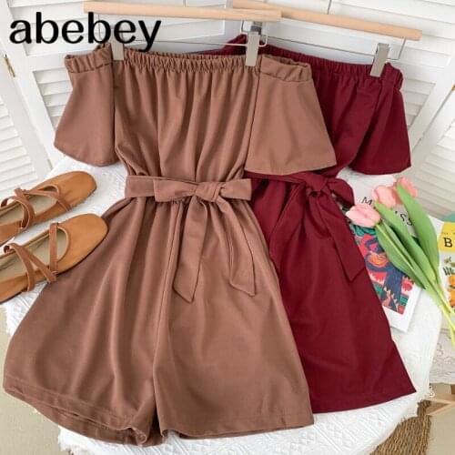2021 New Summer Fashion All-match off shoulder slash neck short sleeve Rompers waist bandage casual wide leg Rompers