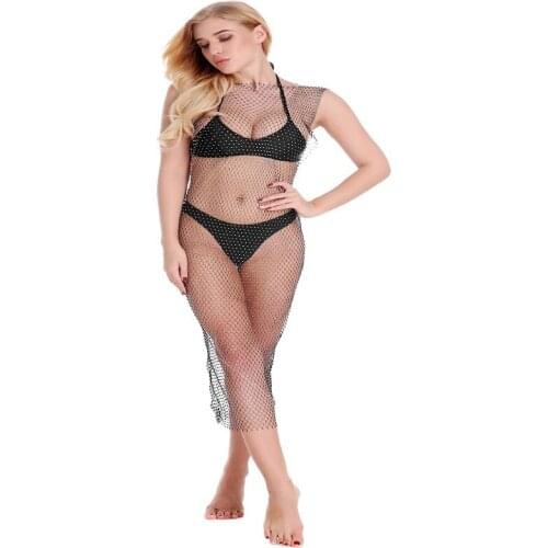 Women Bikini Bling Crystal Cover Up Tops Sexy Fishnet Hollow Out See Through Swimsuit Swimwear Tops Black White