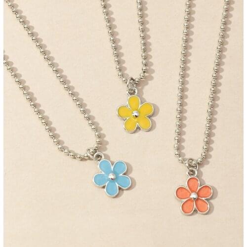 Oil Drop Flower Necklaces for Women Round Bead Chain Necklace Fashion Girl Neck Chains Blue Yellow Orange Flower Necklace