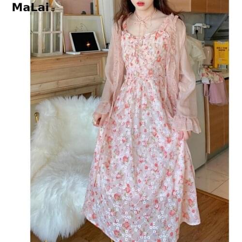 Korean 2021 Summer Vintage Elegant Dress Women Sleeveless Square Collar Floral Sweet Strap Dress Female Beach One Piece Dresses