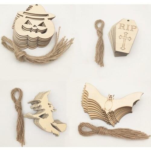 10Pcs Halloween Wooden Pumpkin Spider Witch Ghost Bat Cat Hangings Pendant Halloween Party Door Wall DIY Ornaments Home Supplies
