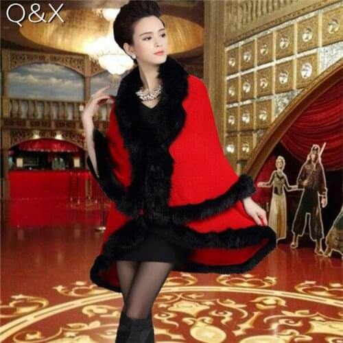 2018 Winter Warm Fake Fox Fur Long Knitted 2 Layer Poncho Cape Cloak Oversize Cashmere Sweater Women European Cardigan Coat