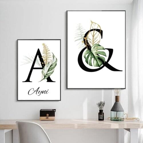 Nordic 26 Letters Canvas Poster Letter Map Art Print On The Wall Green Plant Leaf Art Painting Living Room Home Decoration Gift