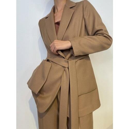 Oeuvery Womens Casual Work Office Solid Color Loose Fit Blazer Cotton Oversize Long Sleeve V-neck Jacket with Belt