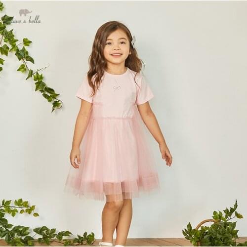 DKY18118 dave bella summer girls 5Y-13Y fashion bow mesh dress children sweet dress kids infant lolita clothes
