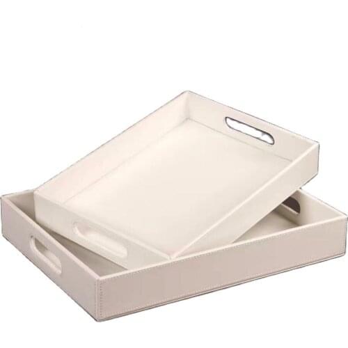 European style white PU leather fruit/dessert/tea/cake serving tray handmade bedside table organizer tray