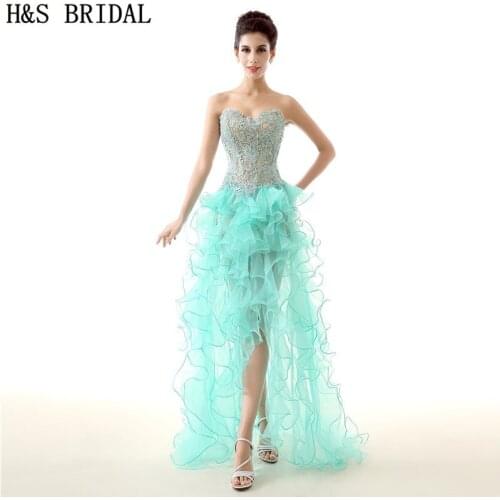 H&S BRIDAL Sweetheart High Low dress evening party Backless Top Green Lace Evening Dress Organza Tiered long dress evening