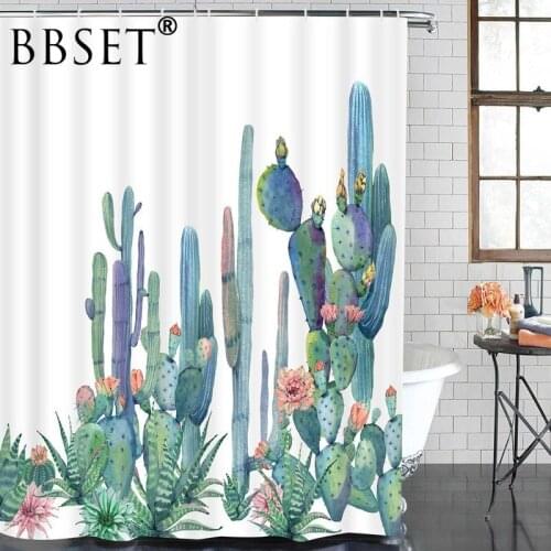 Cactus Shower Curtain Tropical Piant Cactus Flowers Pattern Waterproof Multi-size Douchegordijn Bathroom Decor with 12 Hooks