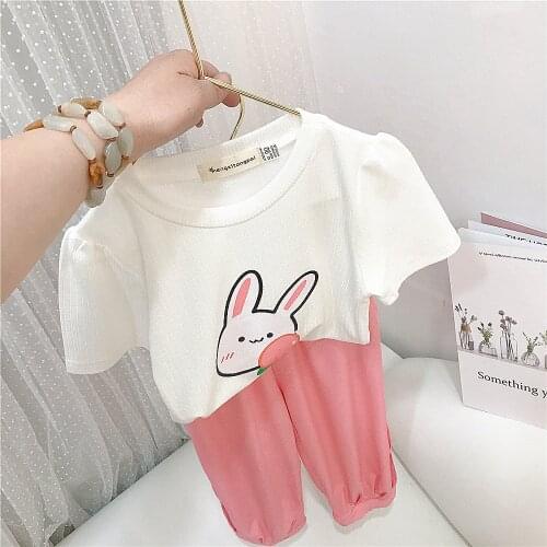 Summer Clothing Sets Children Casual Clothes Cartoon Rabbit Short Sleeve T Shirt Pants Outdoor Kids Sportswear Girls Outfits