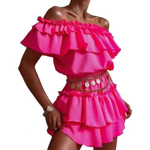 Summer Mini Dress Women Floral Print Ruffle Women Multi-layered Elegant Off Shoulder Dress Beach Wedding Party Sundress Robe