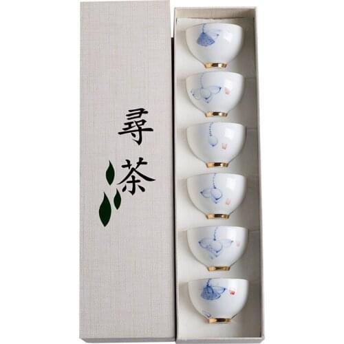 Kung Fu Tea Teacup Set Hand-Painted Ceramic Bamboo Hat Tea Set 6 PCs 10 White Porcelain Blue and White Porcelain Small Tea Bowl